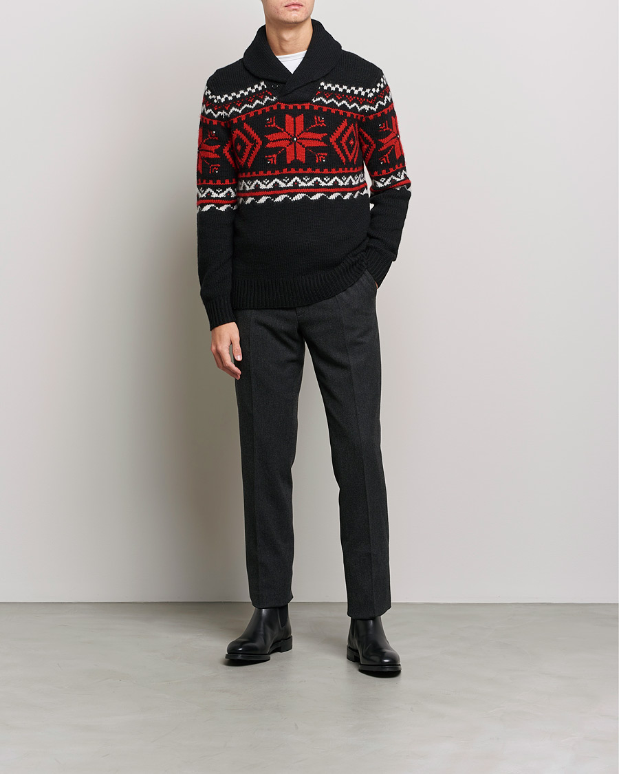 Herre | Gensere | Ralph Lauren Purple Label | Cashmere Jacquard Shawl Sweater Black/Red