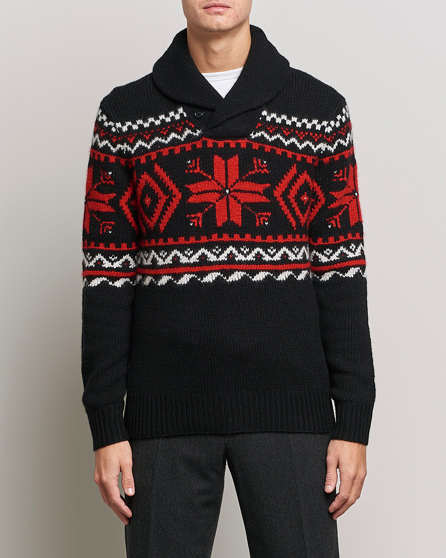 Herre | Gensere | Ralph Lauren Purple Label | Cashmere Jacquard Shawl Sweater Black/Red
