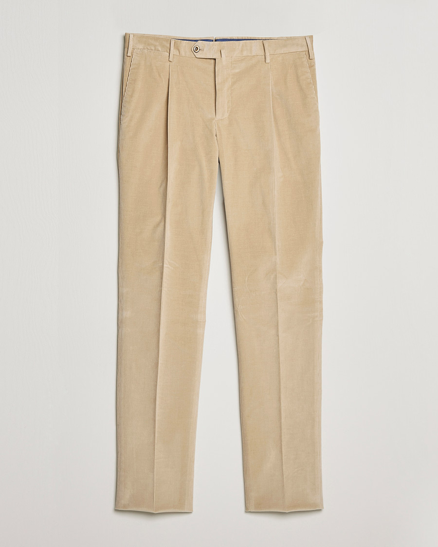 Herre | Bukser | PT01 | Slim Fit Pleated Corduroy Trousers Light Beige