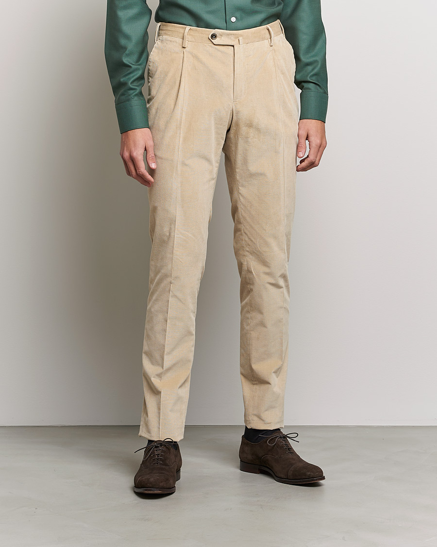 Herre | Cordfløyelsbukser | PT01 | Slim Fit Pleated Corduroy Trousers Light Beige