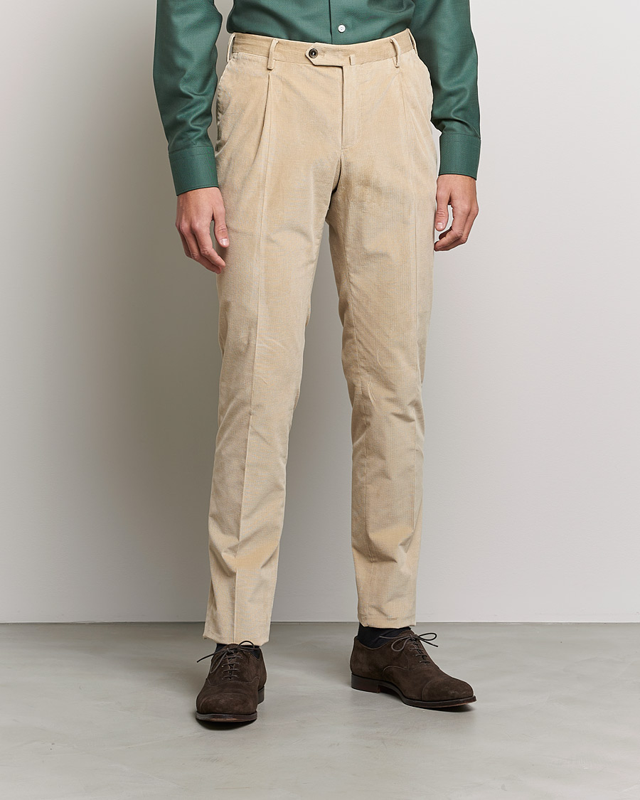 Herre | Bukser | PT01 | Slim Fit Pleated Corduroy Trousers Light Beige