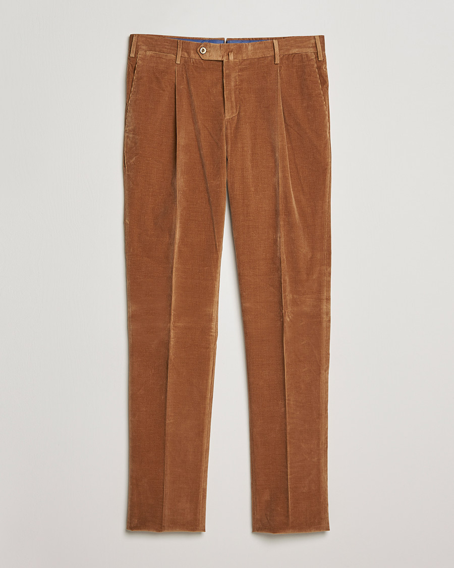 Herre | Bukser | PT01 | Slim Fit Pleated Corduroy Trousers Caramel