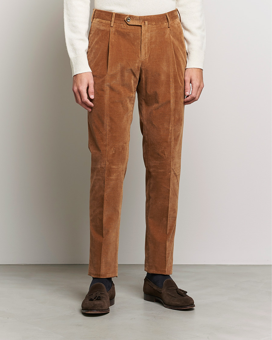 Herre | Bukser | PT01 | Slim Fit Pleated Corduroy Trousers Caramel