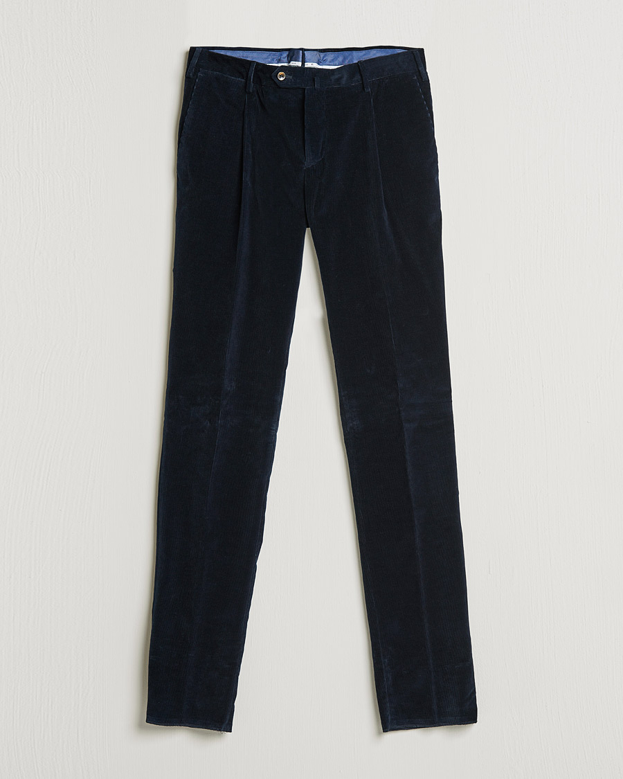 Herre | Bukser | PT01 | Slim Fit Pleated Corduroy Trousers Navy