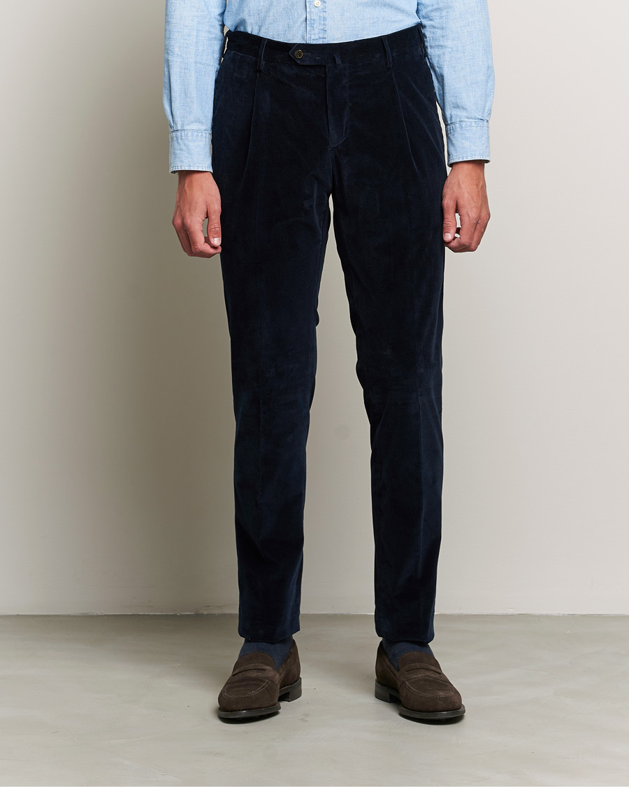 Herre | PT01 | PT01 | Slim Fit Pleated Corduroy Trousers Navy