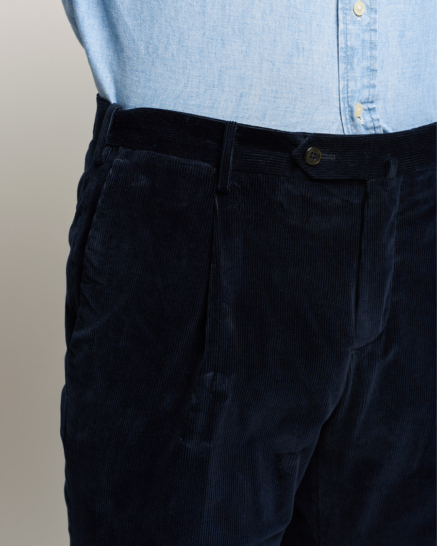 Herre | Bukser | PT01 | Slim Fit Pleated Corduroy Trousers Navy