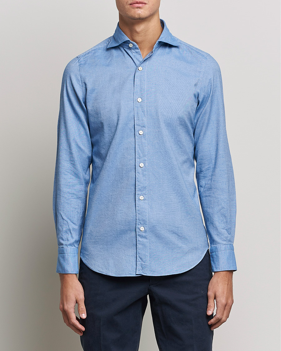 Herre | Skjorter | Finamore Napoli | Tokyo Slim Flannel Shirt Light Blue