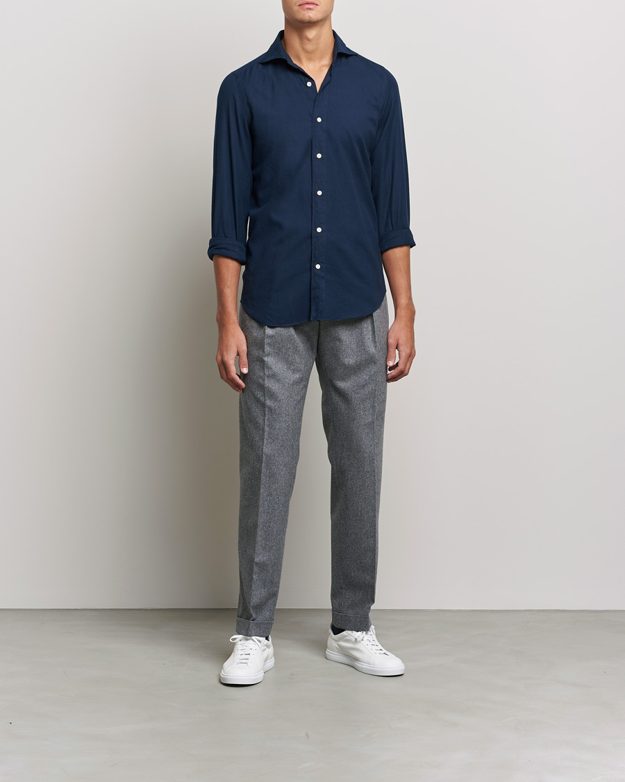 Herre | | Finamore Napoli | Tokyo Slim Flannel Shirt Navy