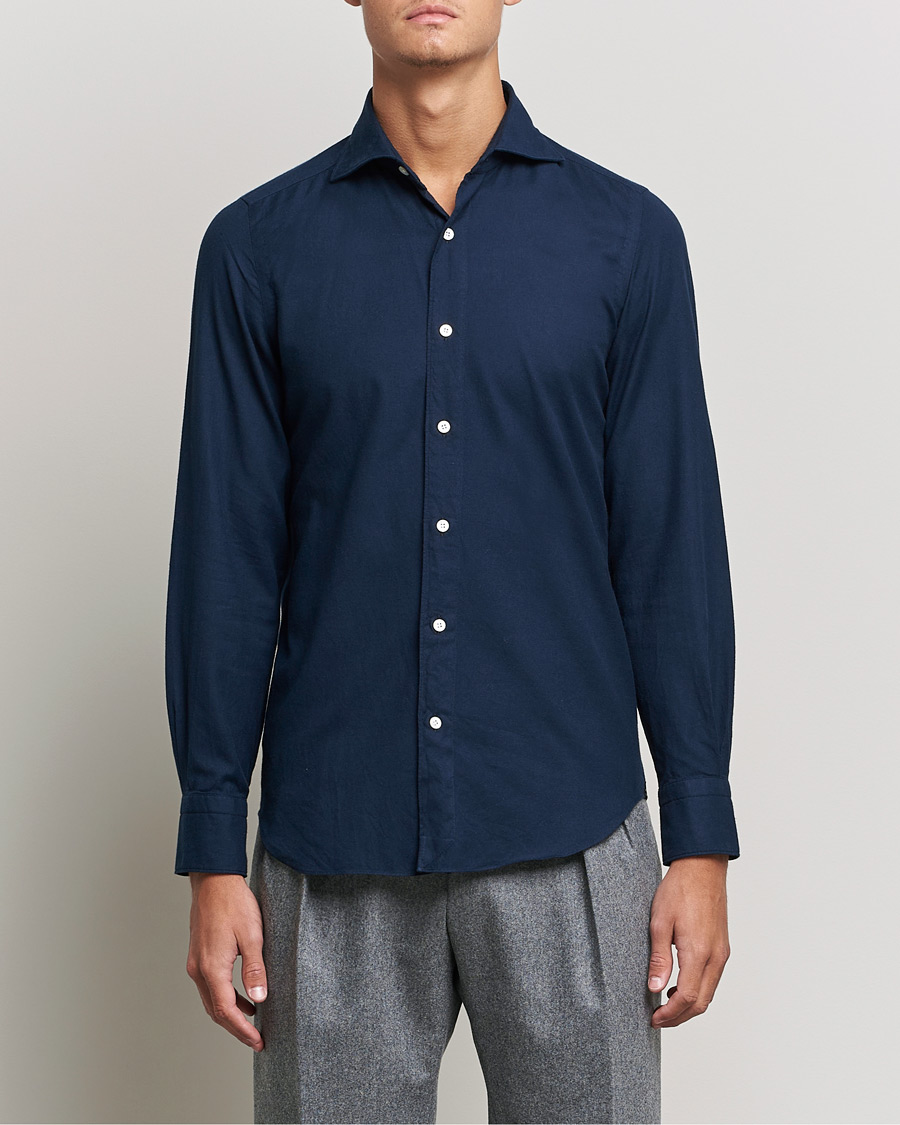 Herre | Skjorter | Finamore Napoli | Tokyo Slim Flannel Shirt Navy