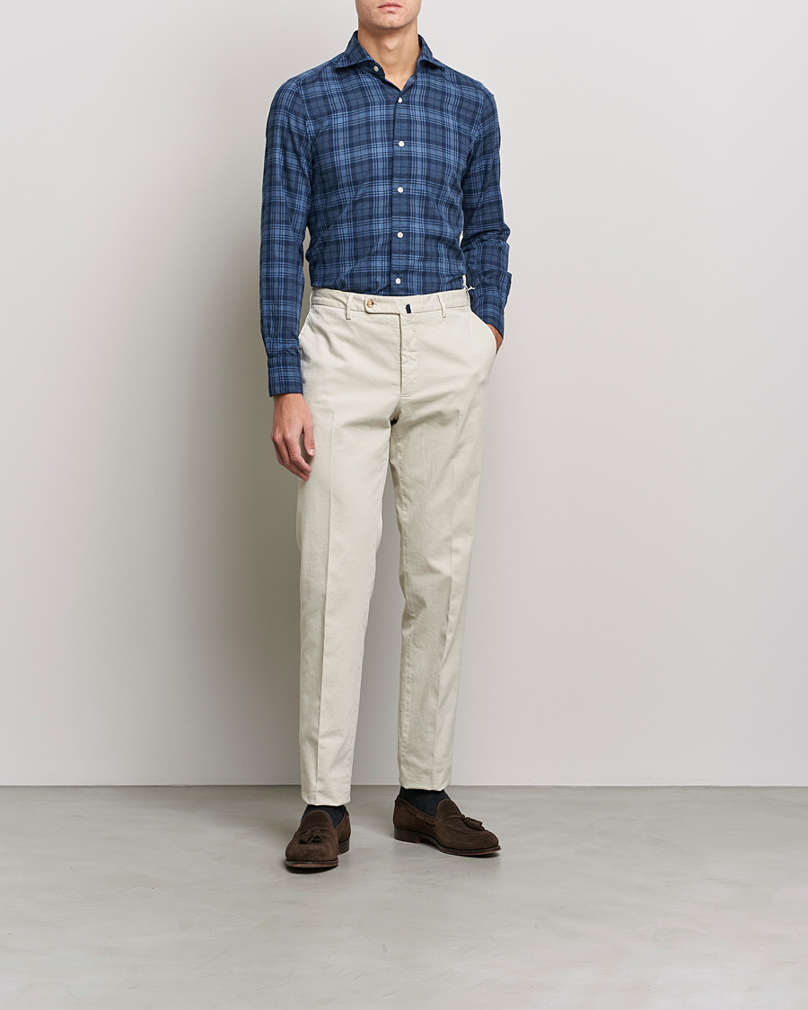 Herre | Skjorter | Finamore Napoli | Tokyo Slim Light Flannel Shirt Navy Check