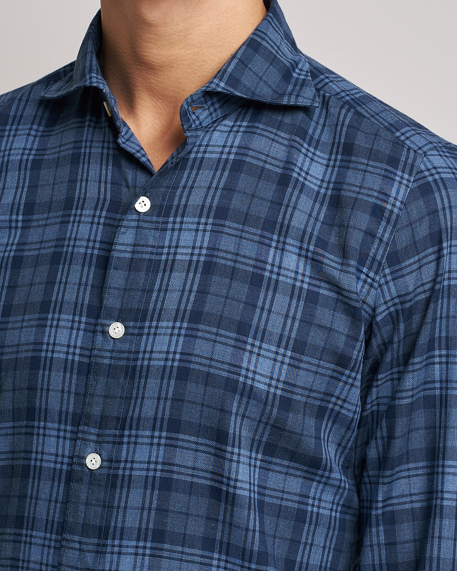 Herre | Skjorter | Finamore Napoli | Tokyo Slim Light Flannel Shirt Navy Check