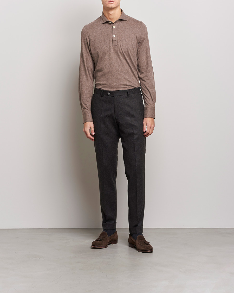 Herre |  | Finamore Napoli | Orlando Cashmere Blend Long Sleeve Polo Brown
