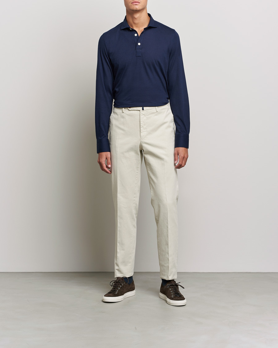 Herre | Gensere | Finamore Napoli | Orlando Cashmere Blend Long Sleeve Polo Navy