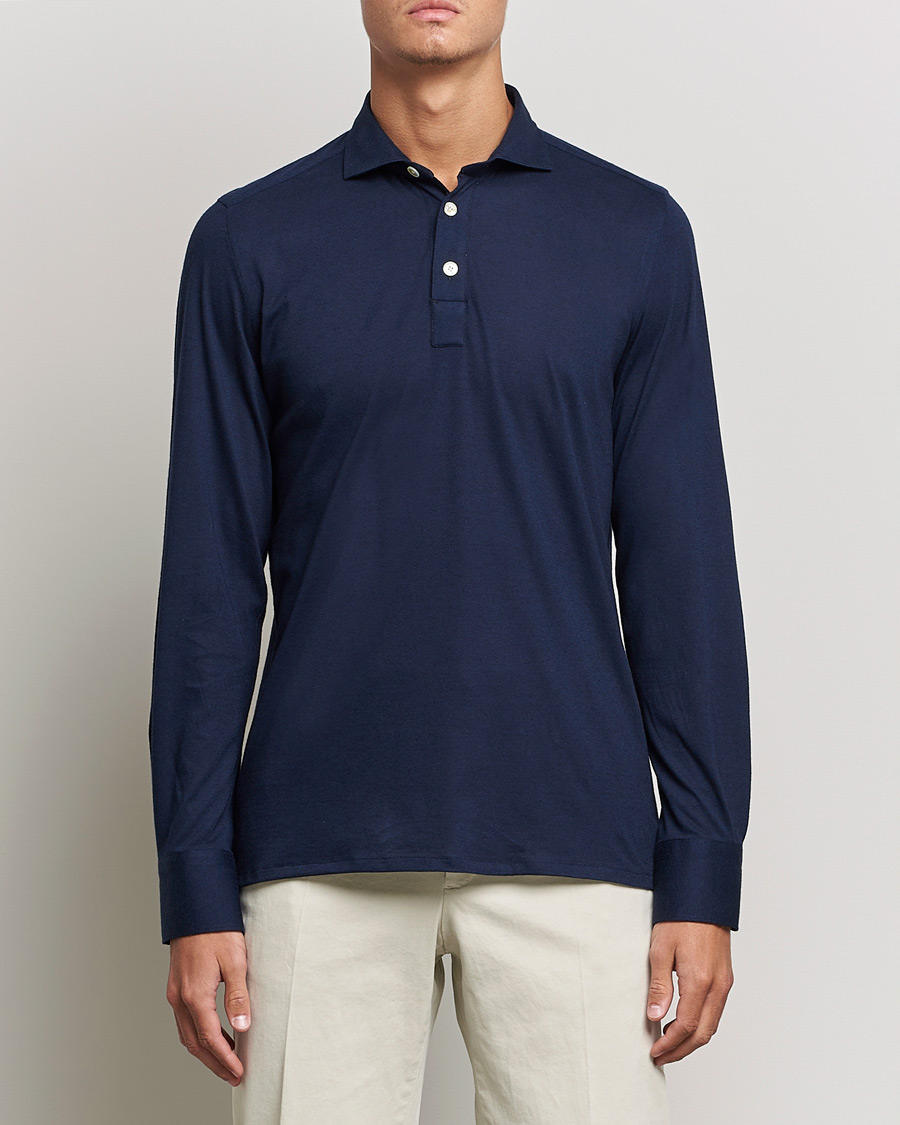 Herre | Gensere | Finamore Napoli | Orlando Cashmere Blend Long Sleeve Polo Navy