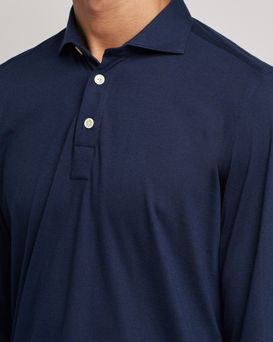 Herre | Gensere | Finamore Napoli | Orlando Cashmere Blend Long Sleeve Polo Navy