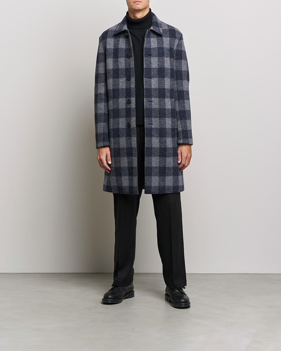 Herre |  | Harris Wharf London | Vichy Fleece Lined Mac Coat Blue/Grey