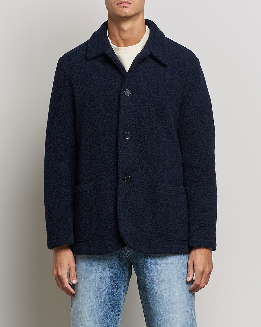 Herre |  | Harris Wharf London | Harrington Wool Boucleè Shirt Jacket Navy