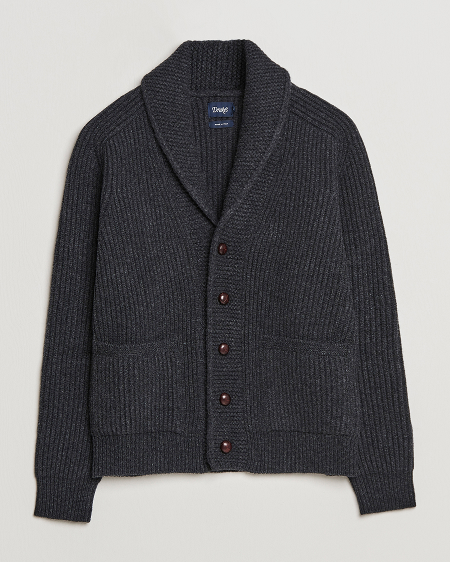 Herre | Gensere | Drake's | Lambswool 6-Ply Shawl Collar Cardigan Grey