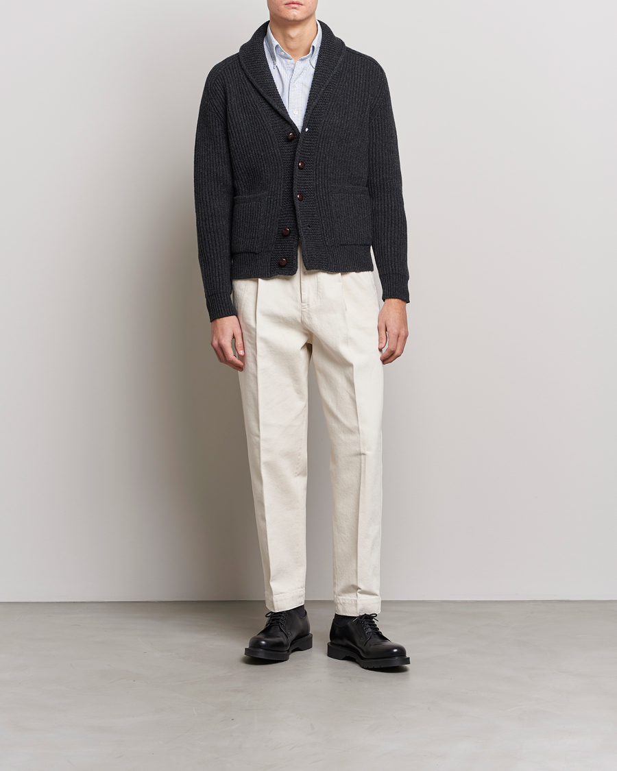 Herre | Gensere | Drake's | Lambswool 6-Ply Shawl Collar Cardigan Grey