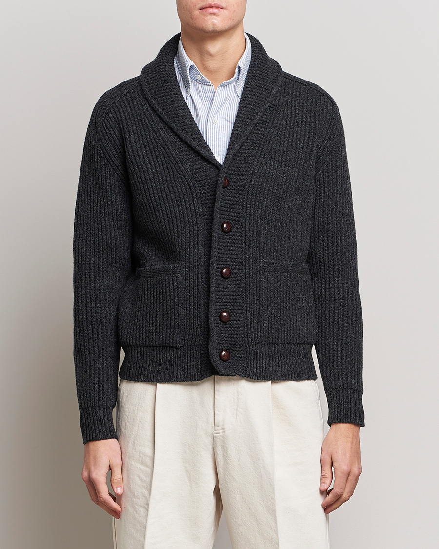 Herre | Cardigans | Drake's | Lambswool 6-Ply Shawl Collar Cardigan Grey