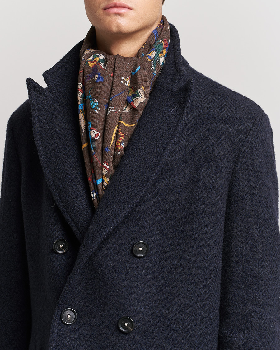 Herre | Drake's Mughal And Stars Printed Wool Scarf Brown | Drake's | Mughal And Stars Printed Wool Scarf Brown
