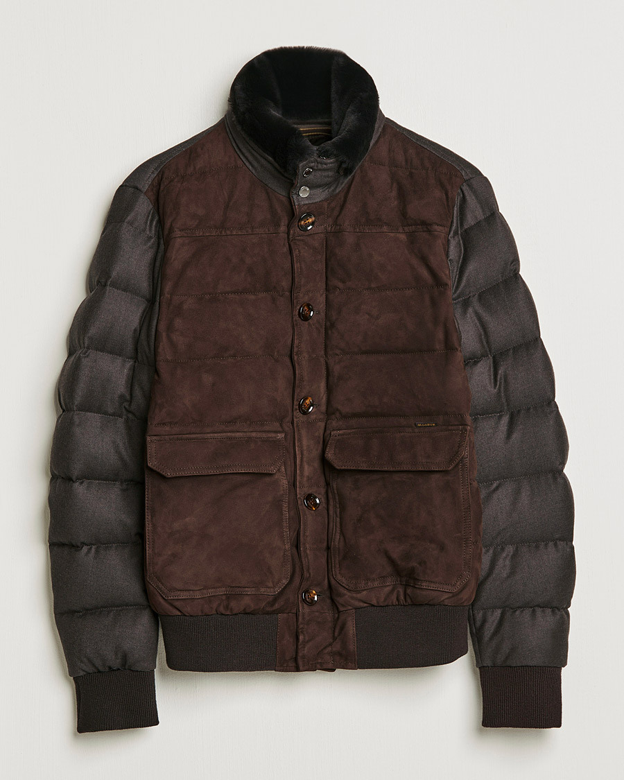 Herre | Luxury Brands | MooRER | Fantoni Wool/Cashmere Suede Bomber Jacket Dark Brown