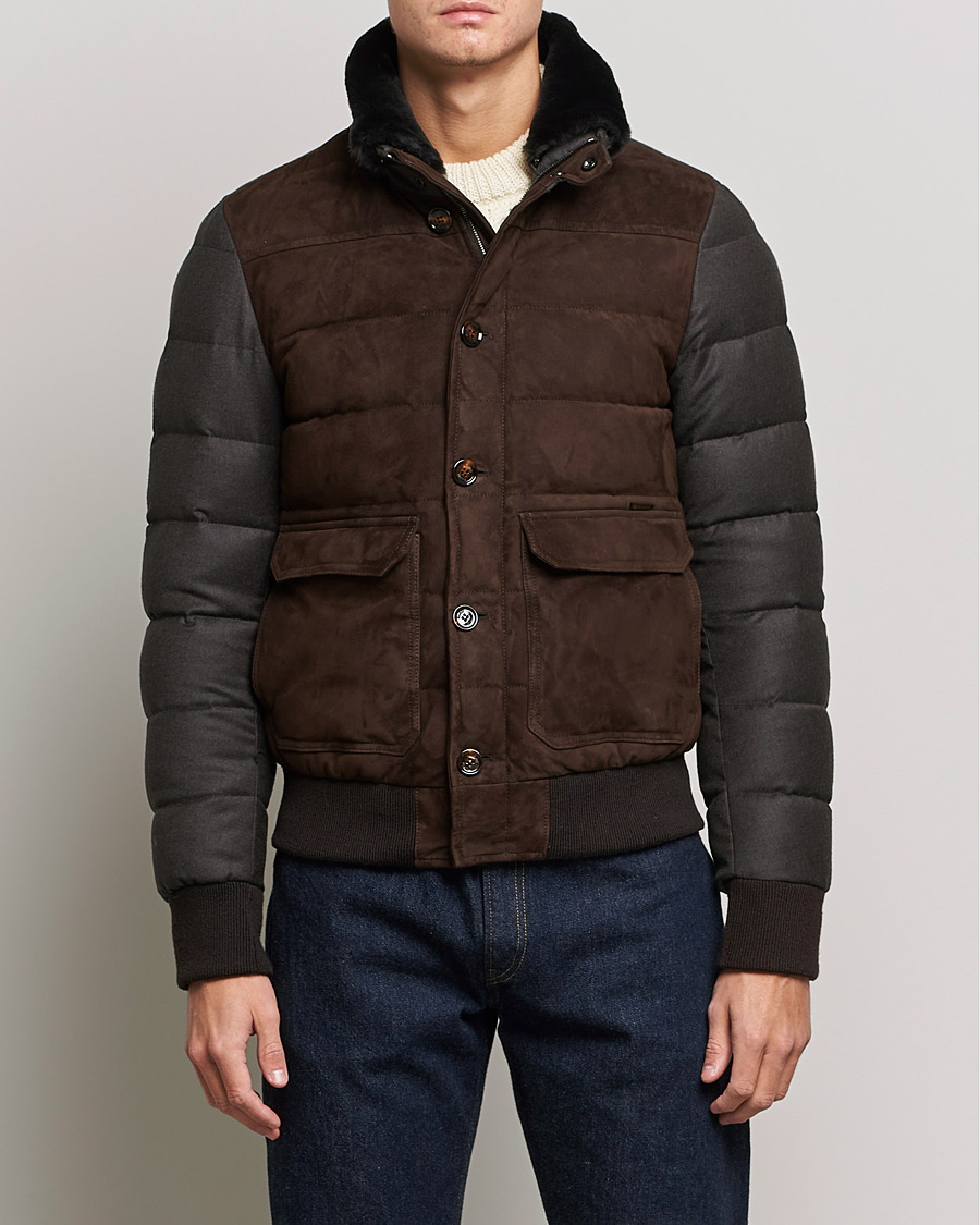 Herre | Jakker | MooRER | Fantoni Wool/Cashmere Suede Bomber Jacket Dark Brown