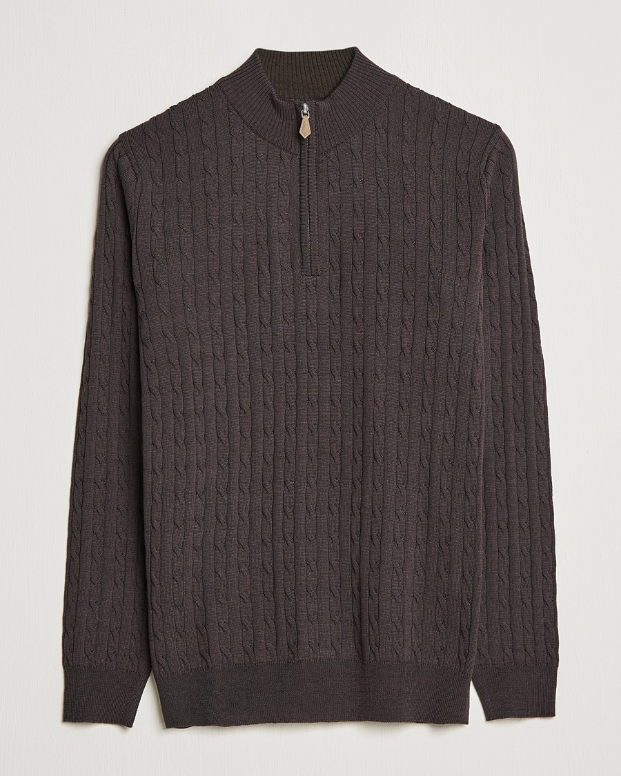 Herre | Gensere | Stenströms | Merino Wool Cable Half Zip Dark Brown