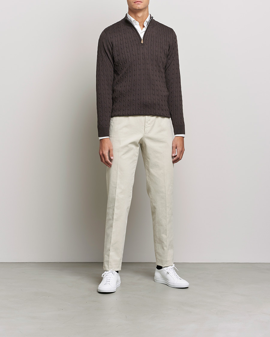 Herre | Gensere | Stenströms | Merino Wool Cable Half Zip Dark Brown