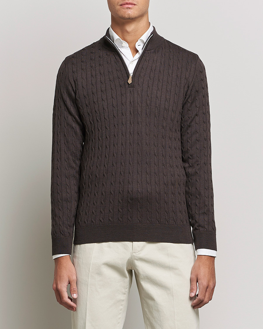 Herre |  | Stenströms | Merino Wool Cable Half Zip Dark Brown