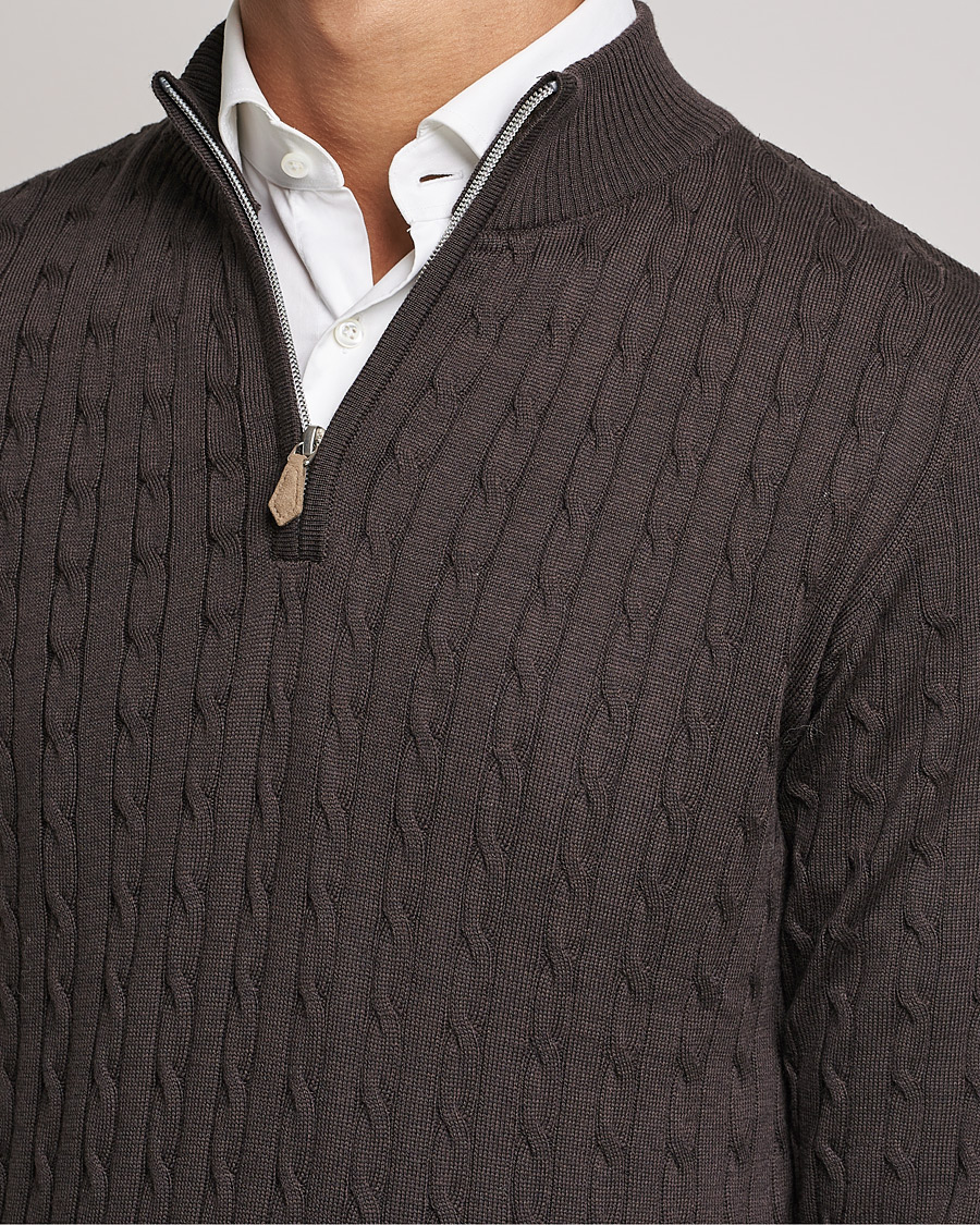 Herre | Gensere | Stenströms | Merino Wool Cable Half Zip Dark Brown