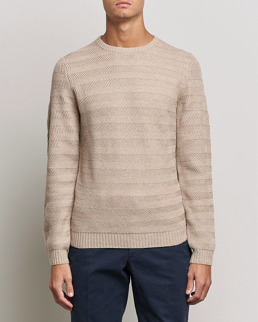 Herre | Gensere | Stenströms | Merino/Cashmere Herringbone Crew Neck Beige