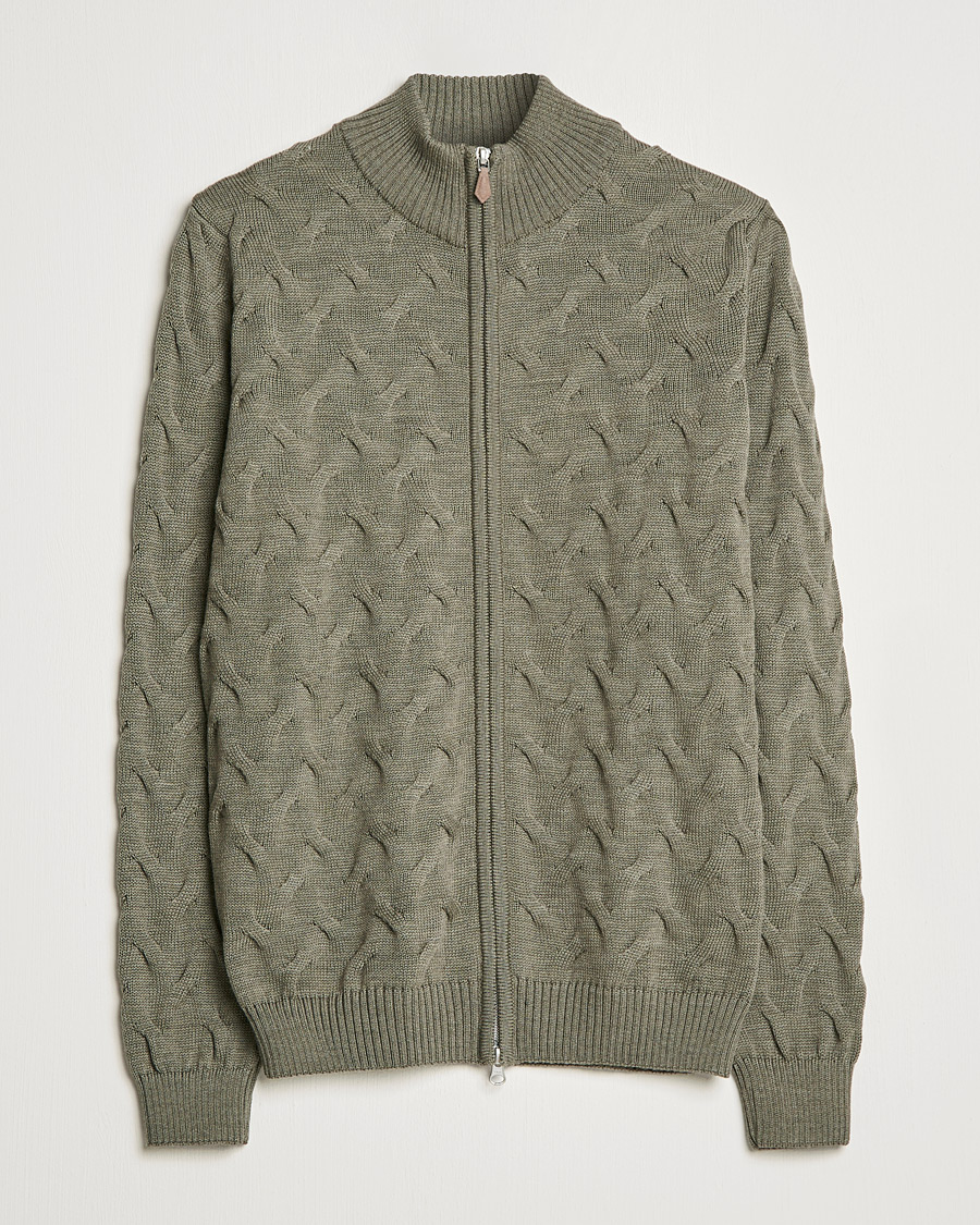 Herre | Gensere | Stenströms | Heavy Cable Merino Full Zip Cardigan Olive