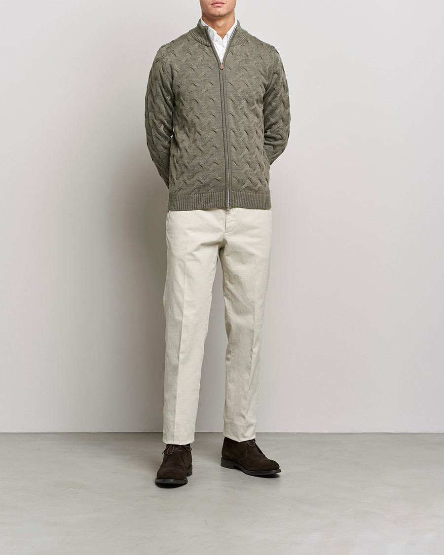 Herre | Gensere | Stenströms | Heavy Cable Merino Full Zip Cardigan Olive