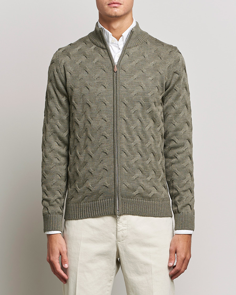 Herre | Gensere | Stenströms | Heavy Cable Merino Full Zip Cardigan Olive