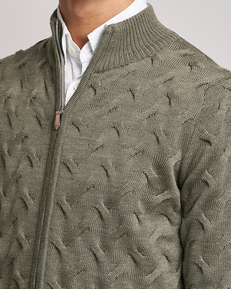 Herre | Gensere | Stenströms | Heavy Cable Merino Full Zip Cardigan Olive