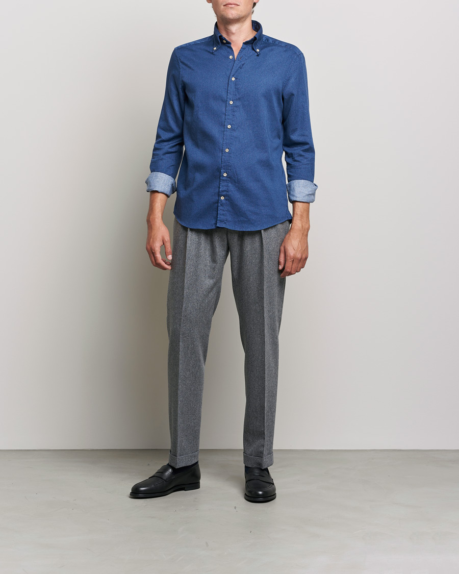Herre |  | Stenströms | Slimline Button Down Printed Oxford Shirt Indigo Blue