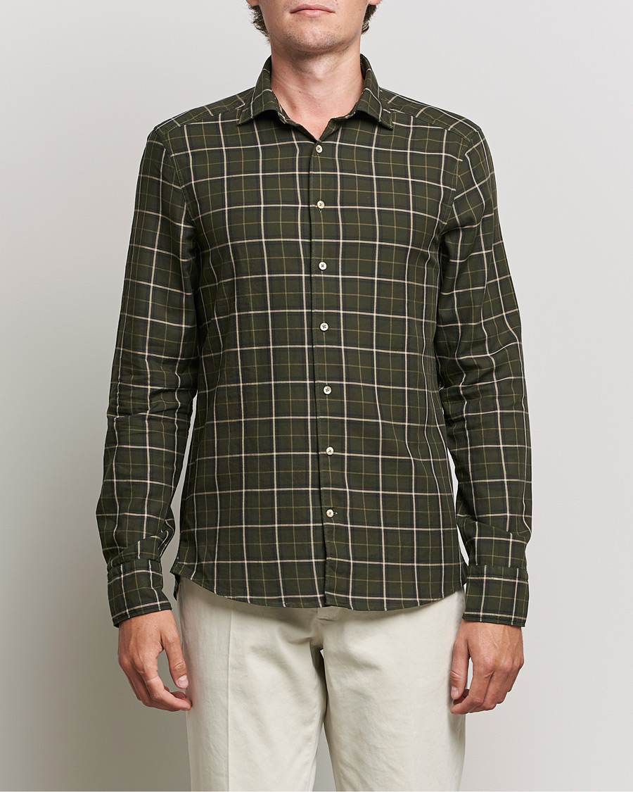Herre |  | Stenströms | Slimline Cut Away Washed Checked Shirt Dark Green