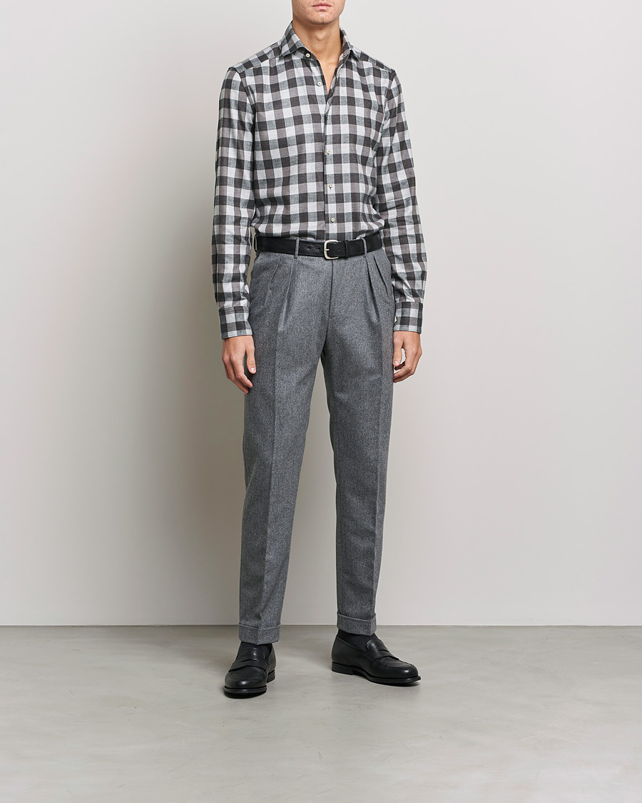 Herre | Flanellskjorter | Stenströms | 1899 Slimline Checked Cotton Flannel Shirt Grey