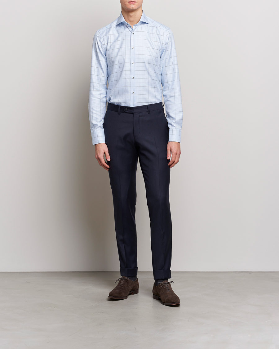 Herr |  | Stenströms | Slimline Cut Away Windowpane Shirt Blue