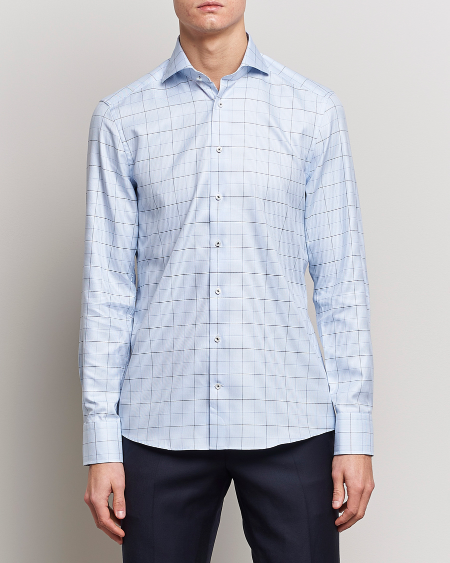 Herre |  | Stenströms | Slimline Cut Away Windowpane Shirt Blue