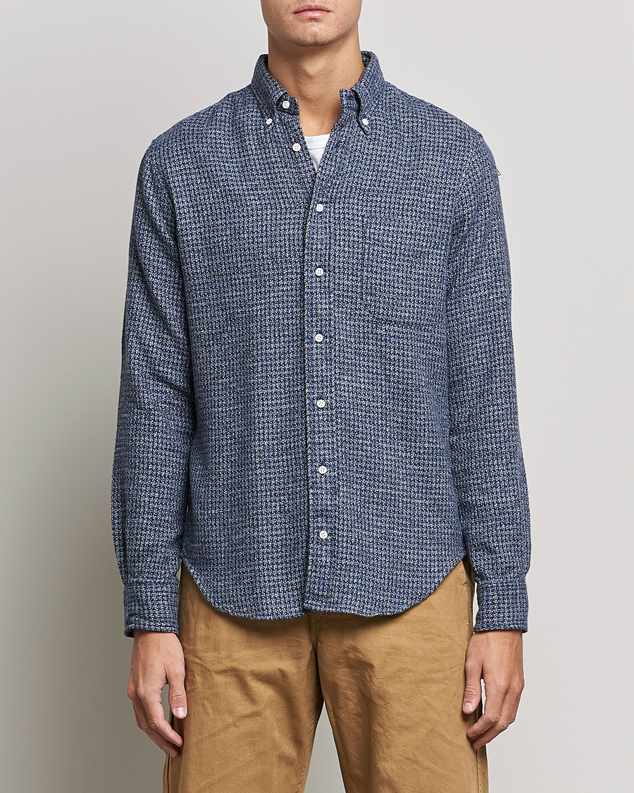 Herre | Skjorter | Gitman Vintage | Button Down Houndstooth Flannel Shirt Dark Blue