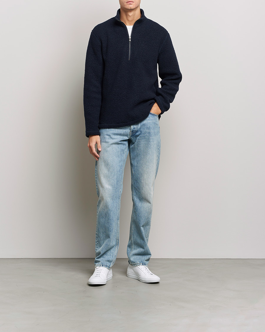Herre | Gensere | Sunspel | Eco Wool Half Zip Fleece Navy