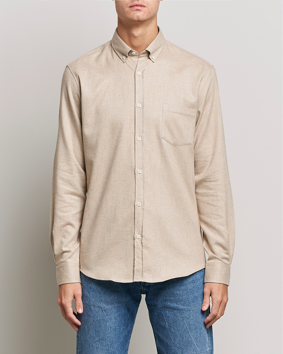 Herre | Flanellskjorter | Sunspel | Brushed Cotton Flannel Shirt Oatmeal Melange