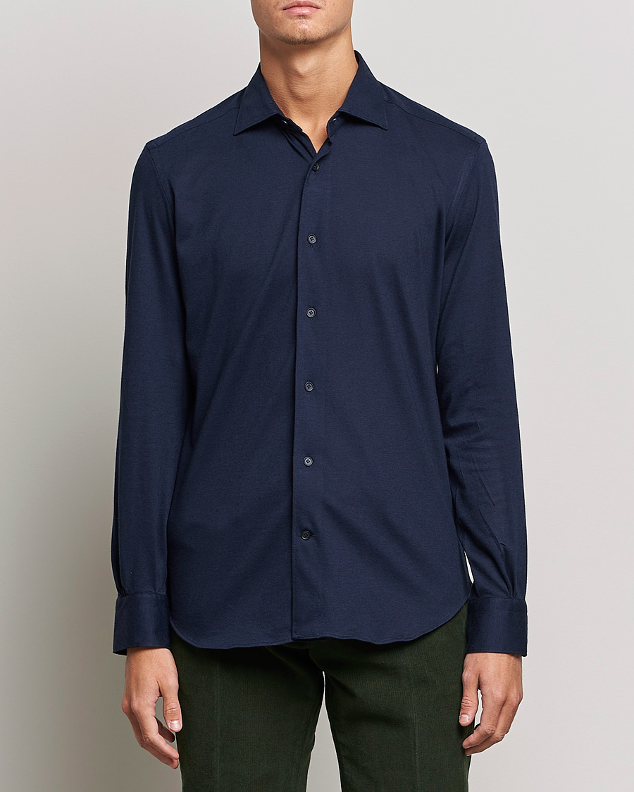 Herre | Skjorter | Mazzarelli | Soft Cashmere Jersey Shirt Navy