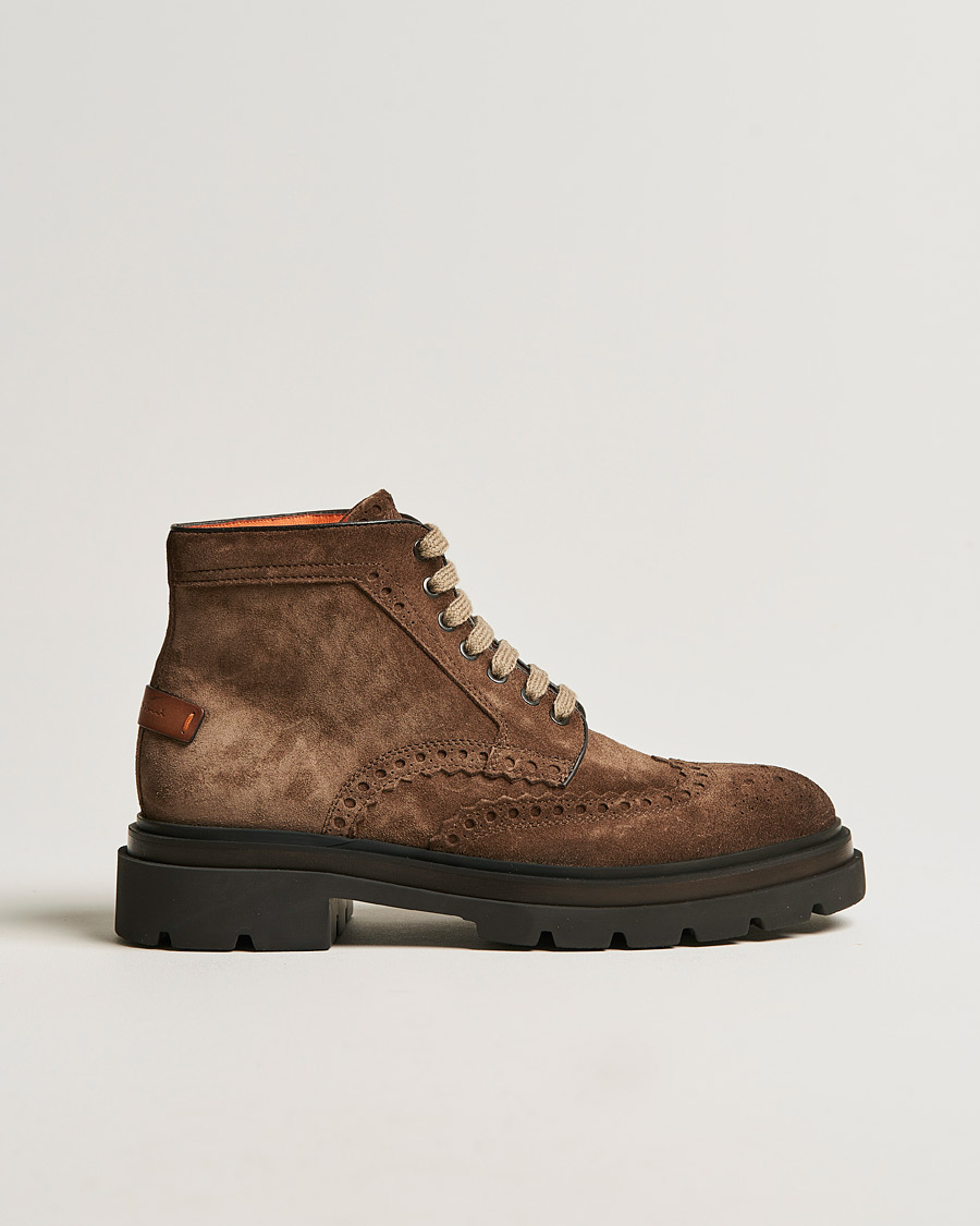 Herre | Santoni Brogue Winter Boot Dark Brown Suede | Santoni | Brogue Winter Boot Dark Brown Suede