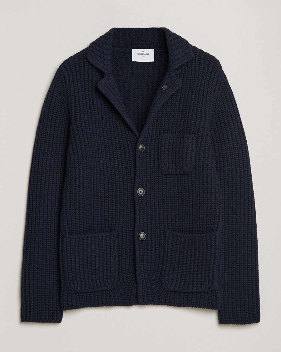 Herre | Gensere | Gran Sasso | Heavy Wool Knitted Blazer Cardigan Navy