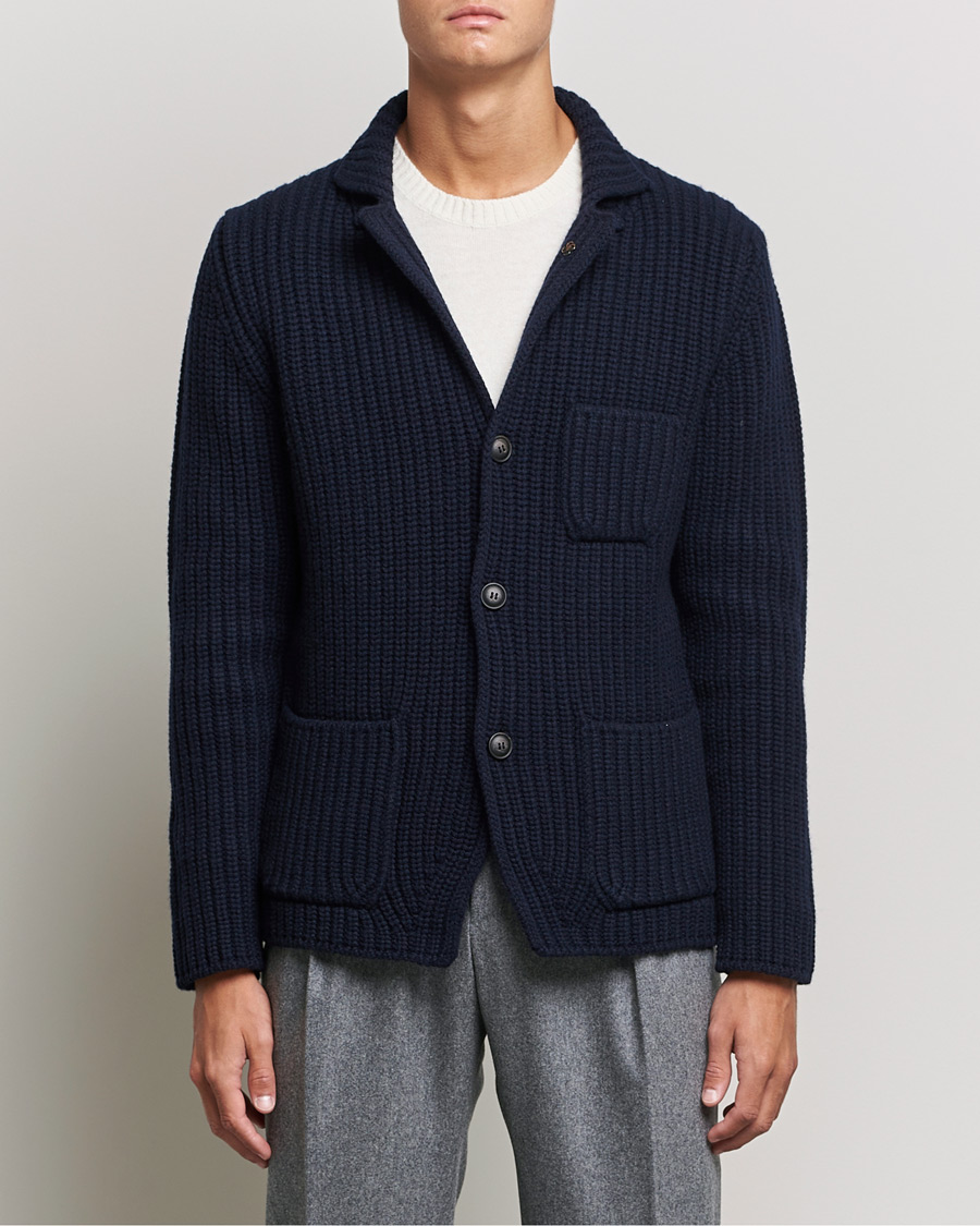 Herre | Gensere | Gran Sasso | Heavy Wool Knitted Blazer Cardigan Navy