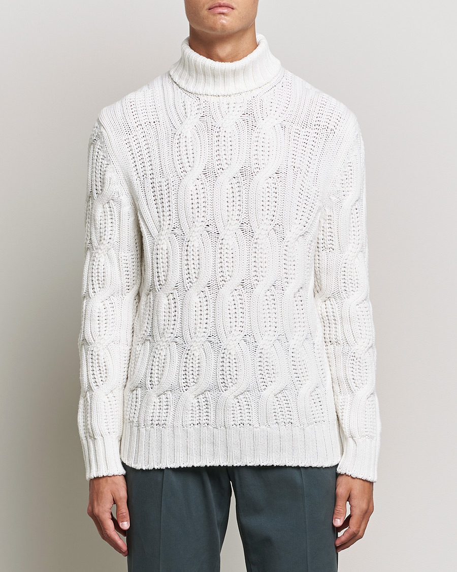 Herre | Pologensere | Gran Sasso | Cable Knitted Wool/Cashmere Roll Neck Off White