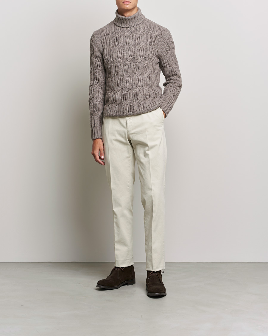 Herre |  | Gran Sasso | Cable Knitted Wool/Cashmere Roll Neck Brown